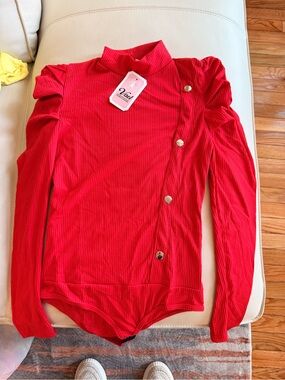 Ribbed Button-Accent Mock Neck Bodysuit